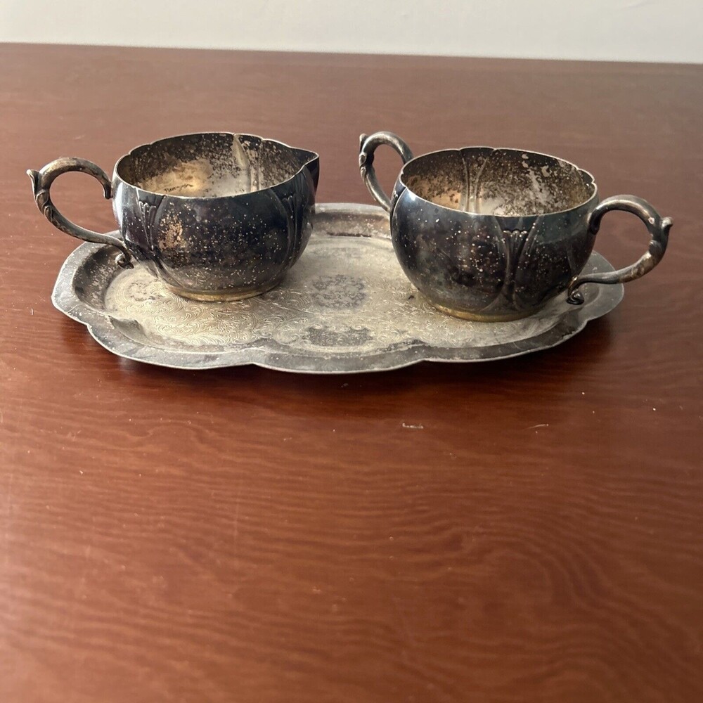 Vintage Portsmouth Silver-Plated cream sugar and tray